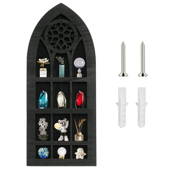 AEVXKHI Gothic Window Crystal Shelf Display, Wooden Crystal Display Rack, Wall Mounted Gem Stone Rock Storage Holder, Exquisite Crystal Wall Shelf Essential Oil Shelf for Home Living Room