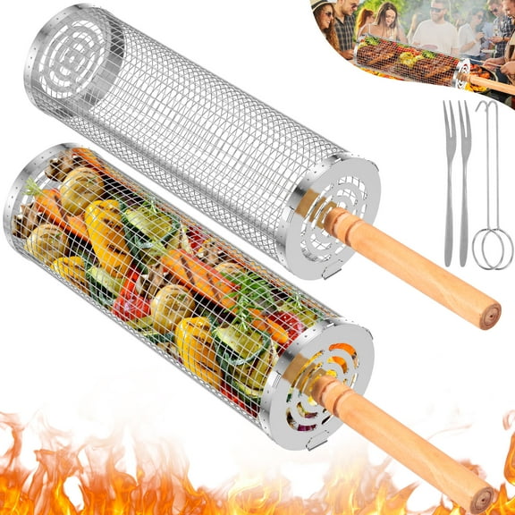 AEVXKHI Nesting Grill Baskets with Wood Handle, Stainless Steel Rolling Grilling Basket, BBQ Net Tube Round Rolling Grill Net, Rolling BBQ Basket for BBQ Cooking Camping