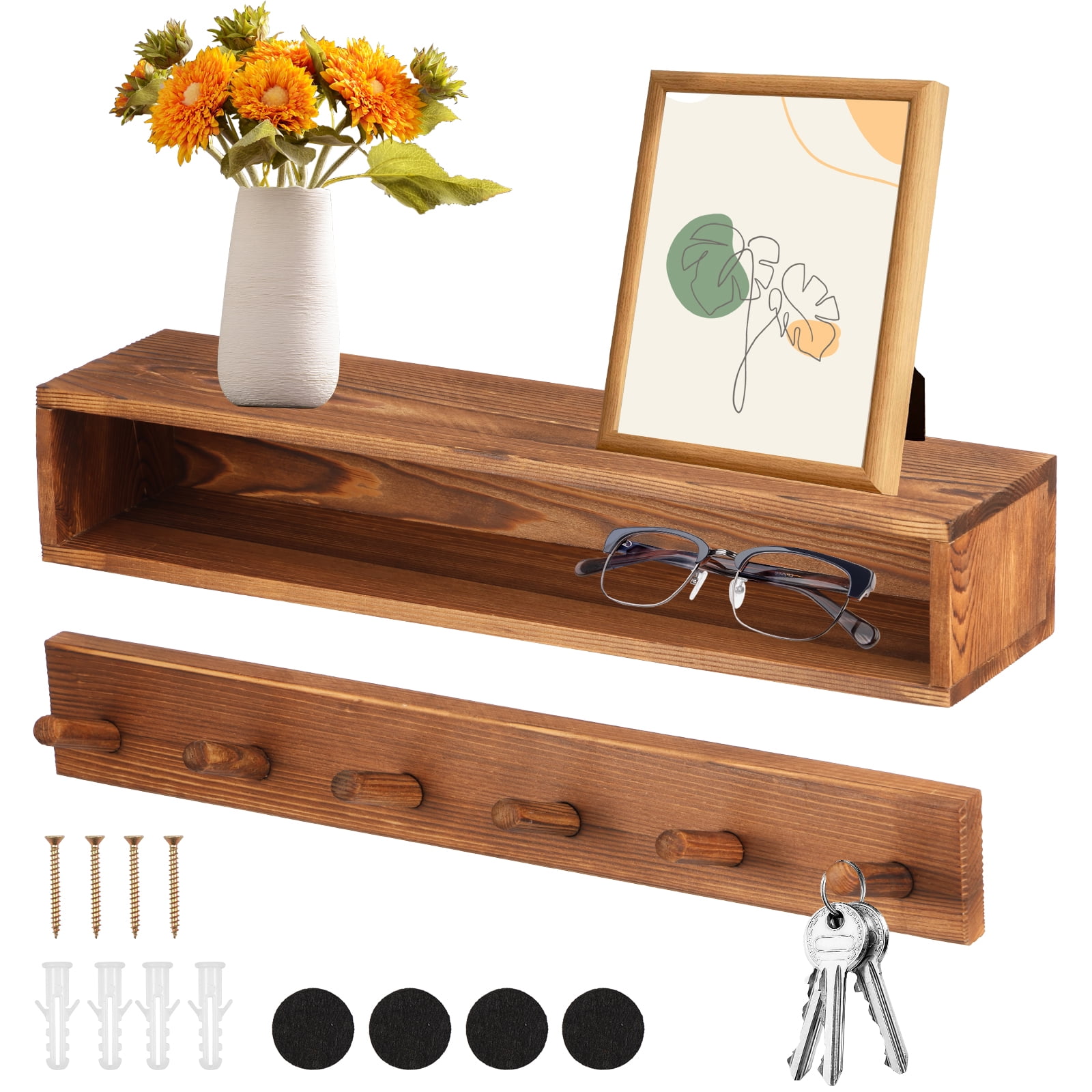AEVXKHI Sturdy Wood Entryway Wall Shelf with 6 Hooks, Wall Mounted ...