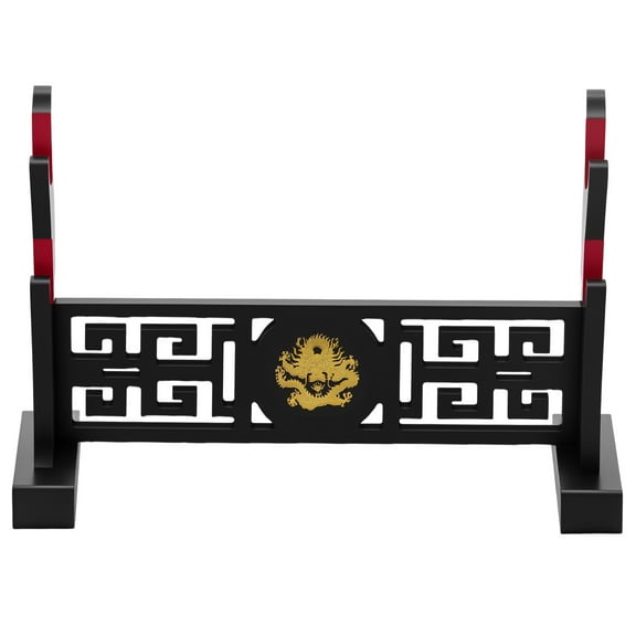AEVXKHI Sword Stand Display, Wood Sword Stand Holder, 2 Layer Display Sword Stand Showcase with Golden Dragon Pattern, Velveteen Protection Sword Display Base