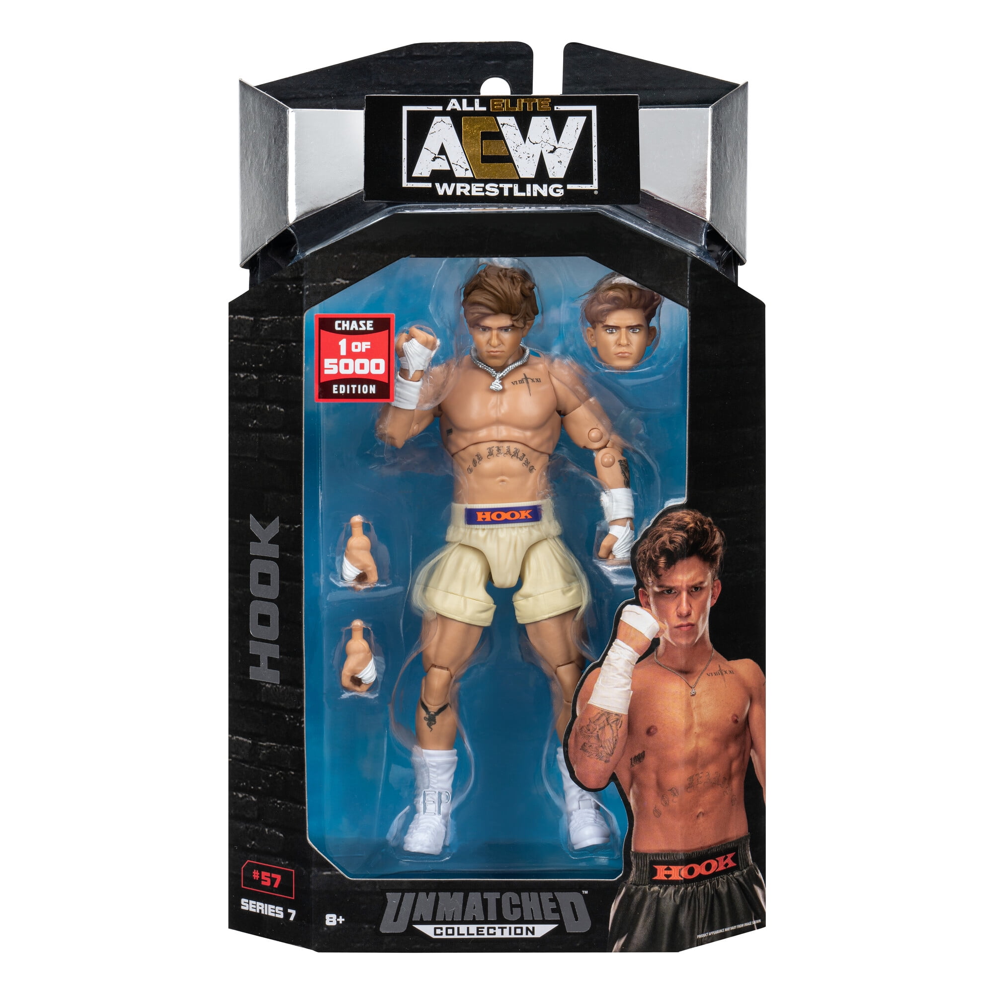 AEW Unmatched Hook - 6 inch Chase Figure with Necklace, Alternate Head, and Fist Hands