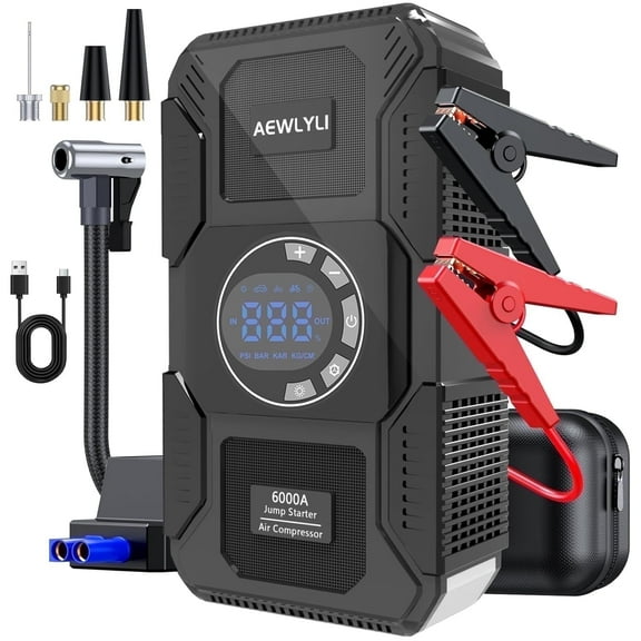 AEWLYLI Car Battery Charger Jump Starter with Air Compressor, 6000A 150PSI (9.0 Gas/8.0L Diesel), 12V Jump Box Car Battery Jumper Starter Portable with Jumper Cables, LCD Display, Lights