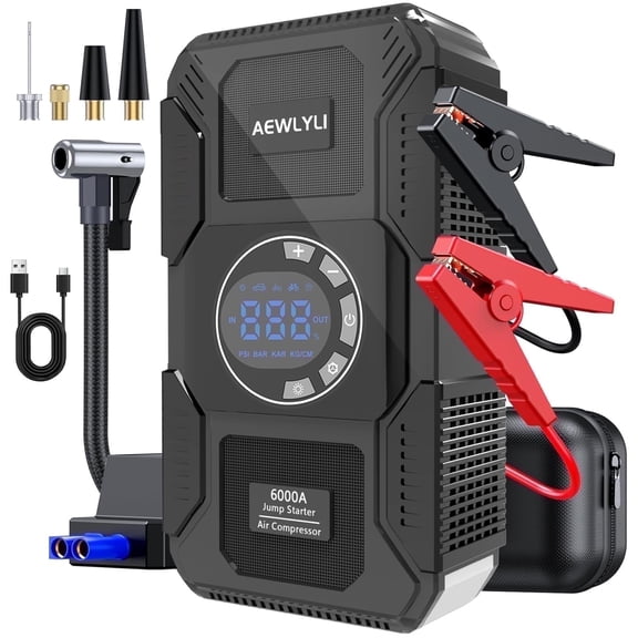 AEWLYLI Car Battery Charger Jump Starter with Air Compressor, 6000A 150PSI (9.0 Gas/8.0L Diesel), 12V Jump Box Car Battery Jumper Starter Portable with Jumper Cables, LCD Display, Lights