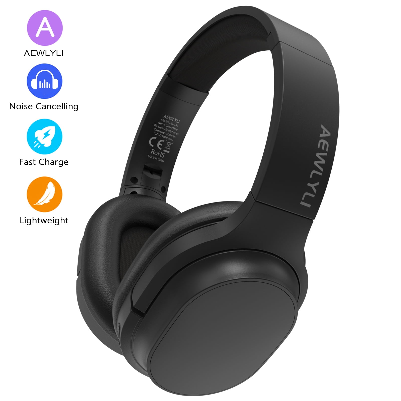 AEWLYLI Noise Cancelling Headphones,Wireless Bluetooth over Ear  Headphones,Foldable Stereo Microphone,Memory Foam Earpads,Mic,S31 - Black 