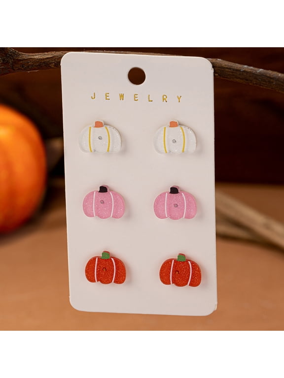 14K Gold Plated 3 Pairs Glitter Pumpkin Acrylic Stud Earring Set For Women, Fall Harvest Colorful Pumpkin Stud Jewelry Pack, Thanksgiving Seasonal Mini Statement Earrings For Daily Party Wear
