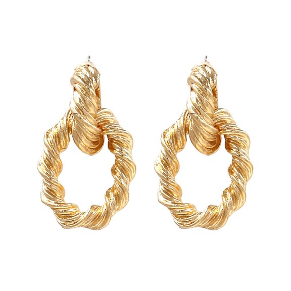 AEXTO 14K Gold Plated Twisted Braided Interlocking Drop Hoop Earrings, Hypoallergenic Textured Matte Gold Statement Dangle Earrings, Lightweight Retro Chunky Jewelry for Women Daily Work Party