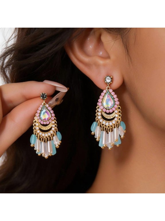 14k Gold Plated Boho Tassel Dangle Earrings for Women, Teardrop Iridescent Inlay With Pink Cubic Cirzonia and Blue Bead Fringe, Vintage Drop Ear Jewelry for Party Holiday Gifts