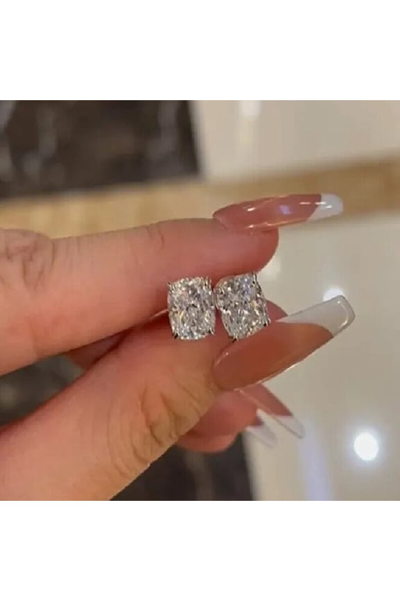 18K White Gold Plated Sterling Silver Emerald Cut Cubic Zirconia Stud Earrings for Women Men Rectangle CZ Diamond Stud Earrings