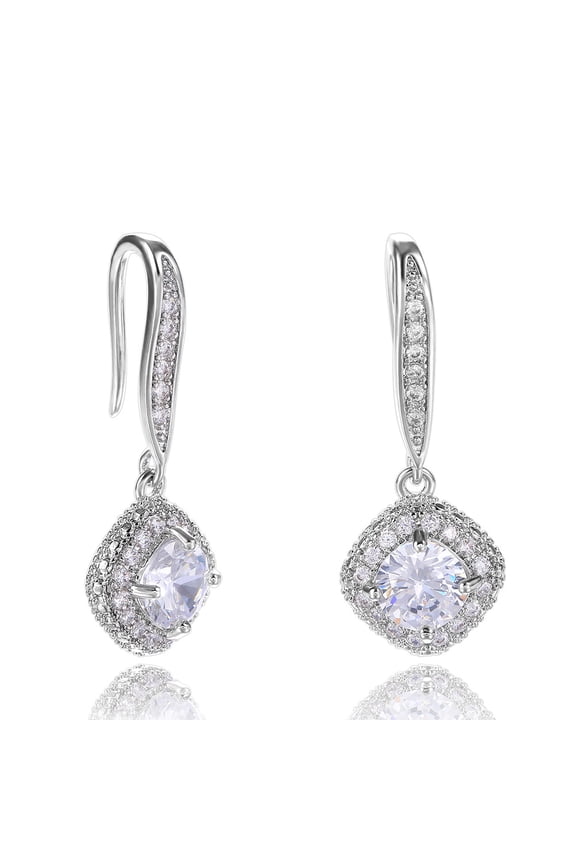 18K White Gold Plated Sterling Silver Square Princess Cut Cubic Zirconia Dangle Earrings for Women Square CZ Diamond Drop Dangling Earrings for Women Mom Hypoallergenic