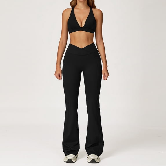 AEXTO 2 Piece Women's Workout Sets V Neck Sports Bra High Waisted Flared Leggings Set