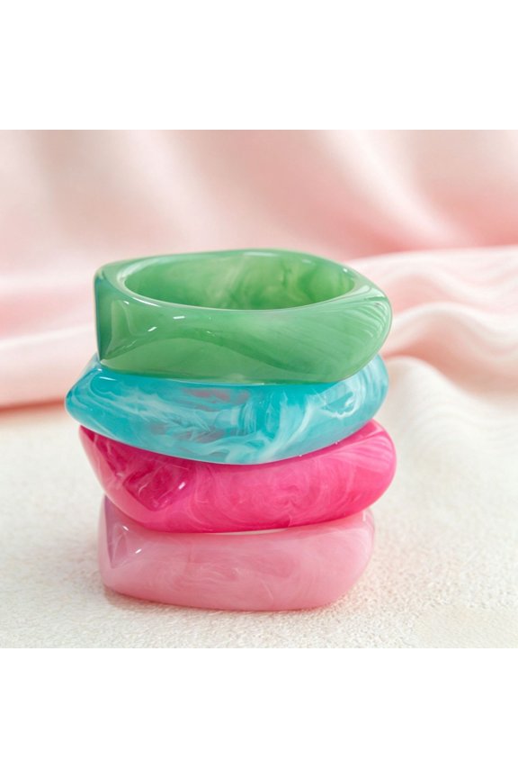 4PCS Colorful Square Acrylic Resin Bangle Bracelet Wide Geometric Irregular Wristbands Women