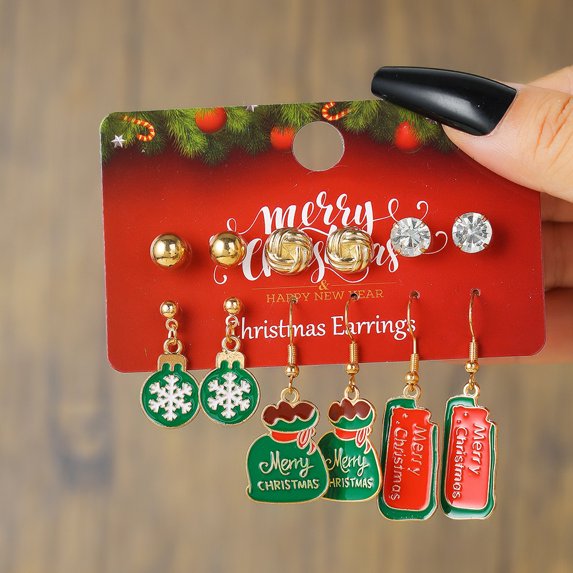 AEXTO 5 Pairs Christmas Earrings Set for Women Chritmas Ornament Earrings Xmas Tree Jingle Bell Bow Snowflake Wreath Hook Dangle Earrings Holiday Festive Jewelry Gifts