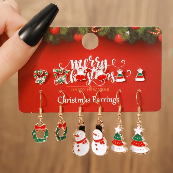 AEXTO 5 Pairs Christmas Earrings Set for Women Chritmas Ornament Earrings Xmas Tree Jingle Bell Bow Snowflake Wreath Hook Dangle Earrings Holiday Festive Jewelry Gifts