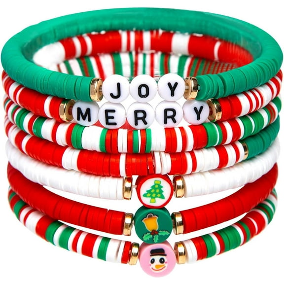 AEXTO 6 Pack Christmas Bracelets: Joy & Merry Candy-Style Stacks for Women & Teens - Perfect Christmas Gifts - Age 3 to Adult