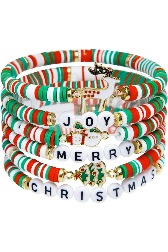 AEXTO 6 Pack Christmas Bracelets: Joy & Merry Candy-Style Stacks for Women & Teens - Perfect Christmas Gifts - Age 3 to Adult