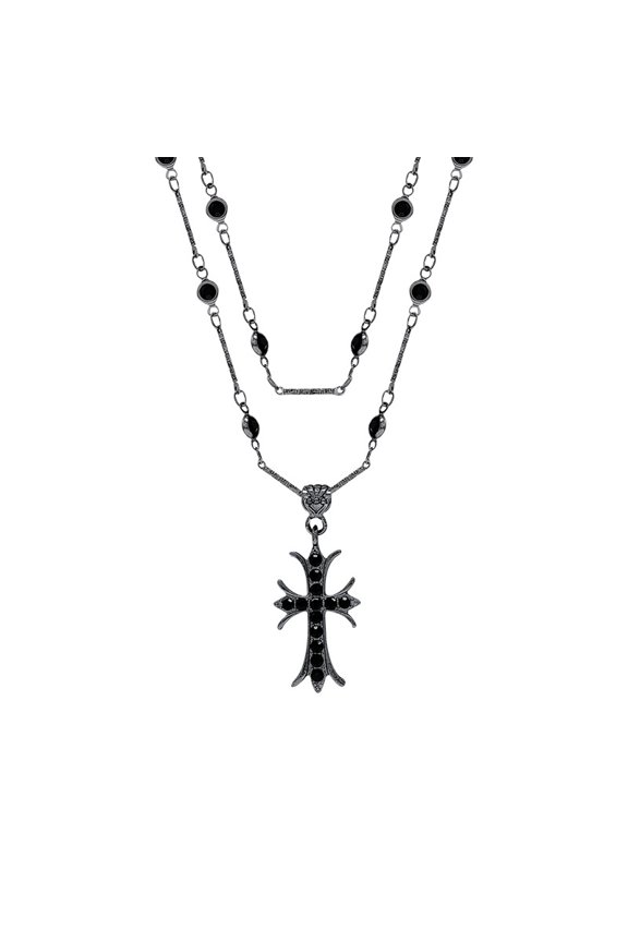 Black Double Layered Station Black Onyx Beaded Inlaid Rhinestone Gothic Cross Pendant Necklace for Women