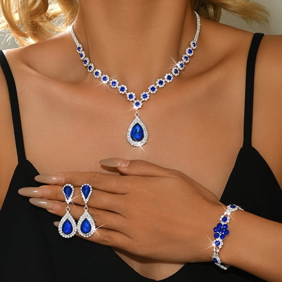 AEXTO Blue Silver Wedding Jewelry Set Rhinestone Necklace Earrings Bracelet Sets Prom Formal Costume Jewelry for Women and Brides