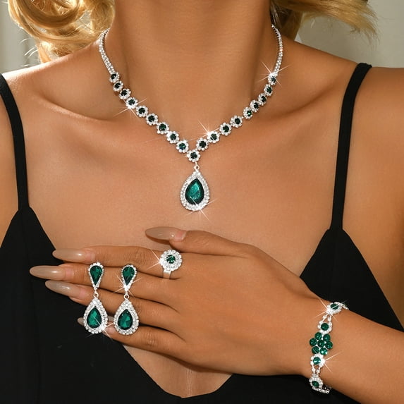 AEXTO Blue Silver Wedding Jewelry Set Rhinestone Necklace Earrings Bracelet Sets Prom Formal Costume Jewelry for Women and Brides