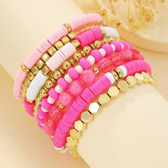 AEXTO Bracelets Set Colorful White Gold Polymer Beaded Pearl Clay Stackable Charm Aesthetic Summer Beach Bohemian Stretch Layering Bracelets Jewelry for Women