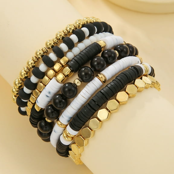 AEXTO Bracelets Set Colorful White Gold Polymer Beaded Pearl Clay Stackable Charm Aesthetic Summer Beach Bohemian Stretch Layering Bracelets Jewelry for Women