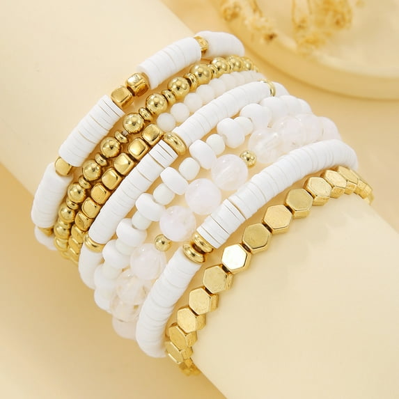 AEXTO Bracelets Set Colorful White Gold Polymer Beaded Pearl Clay Stackable Charm Aesthetic Summer Beach Bohemian Stretch Layering Bracelets Jewelry for Women