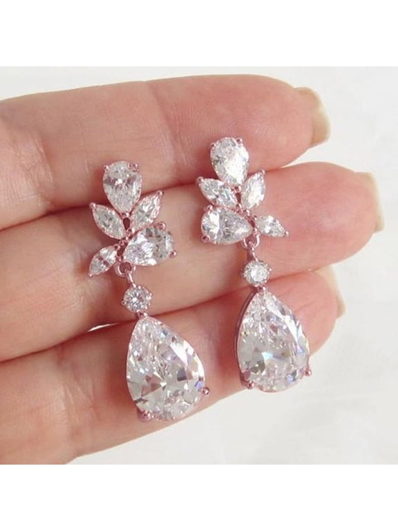 CZ Bridal Earrings for Wedding Women's Elegant Teardrop Cubic Zirconia Cluster Floral Leaf Crystal Rhinestone Dangle Drop Earring for Bride Bridesmaids Mother of Bride Party Prom Earrings