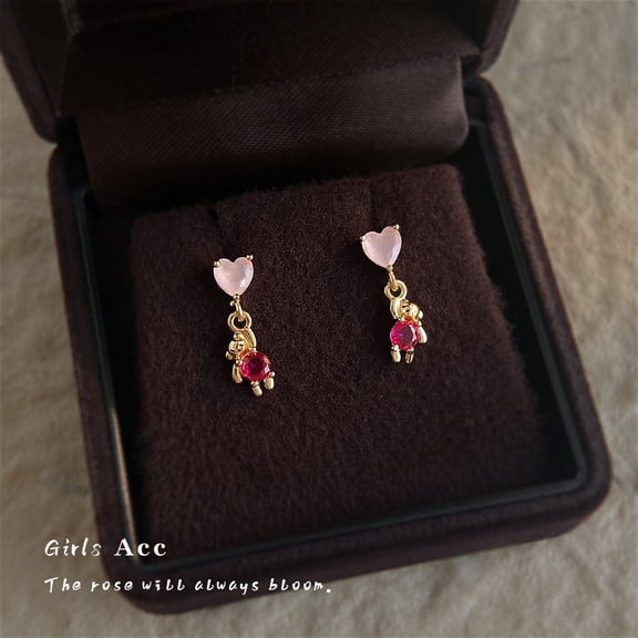 AEXTO Charming Gold-Tone Bear-Shaped Dangle Earrings with Faceted Pink Heart Crystal & Magenta Body Crystal, Hypoallergenic Stud Posts for All-Day Wear