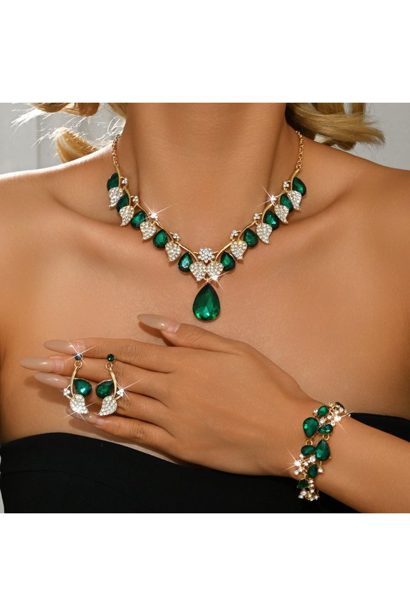 Elegant Bridal Wedding Jewelry Set for Women/Brides/Bridesmaids Teardrop Crystal Leaf Cluster Jewelry Set for Wedding Prom Party Bridal Bridesmaids Crystal Necklace Earrings Bracelet Set