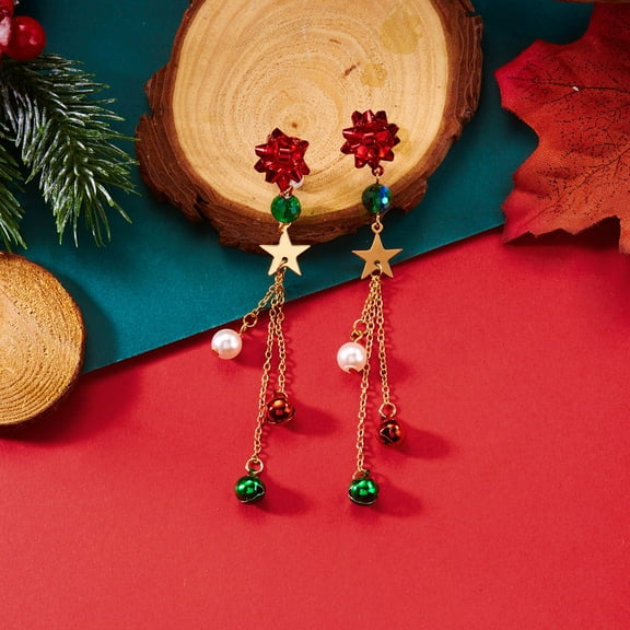 AEXTO Elegant Christmas Earrings with Sparkling Rhinestone Tree & Snowflake Design - Dangle Hoop Earrings with Green & Red Beads, Golden-Tone Metal, Perfect For Holiday Celebrations & Daily Wear