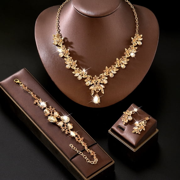 AEXTO Elegant Emerald Green Leaf Rhinestone Jewelry Set for Women – Gold Tone V-Neck Water Drop Pendant Necklace, Earrings & Bracelet Vintage Glam Gift for Her