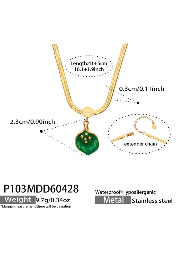Elegant Gold Plated Snake Chain Necklace with Green Enamel Leaf Pendant - Timeless Minimalist Design for Modern Women