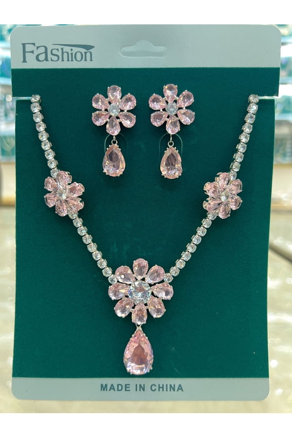 Elegant Purple Flower Rhinestone Jewelry Set for Women Teardrop Pendant Necklace & Matching Earrings – Sparkling Crystal Bridal Wedding Party Accessories, Romantic Lavender Gift for Her