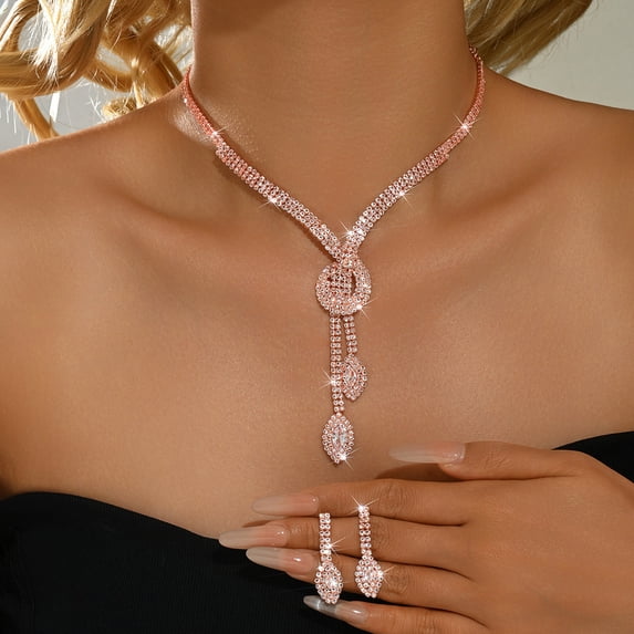 AEXTO Elegant Rhinestone Jewelry Set for Women – Luxury Teardrop Pendant Necklace, Matching Dangle Earrings, Crystal Bracelet & Ring – Perfect for Bridal, Wedding, Evening Party & Formal Events