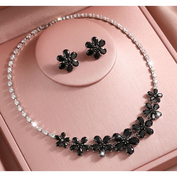 AEXTO Elegant Silver Flower Rhinestone Jewelry Set for Women – 3-Piece Petal Statement Necklace, Stud Earrings & Adjustable Ring – Sparkling Crystal Floral Wedding Bridal Party Accessories