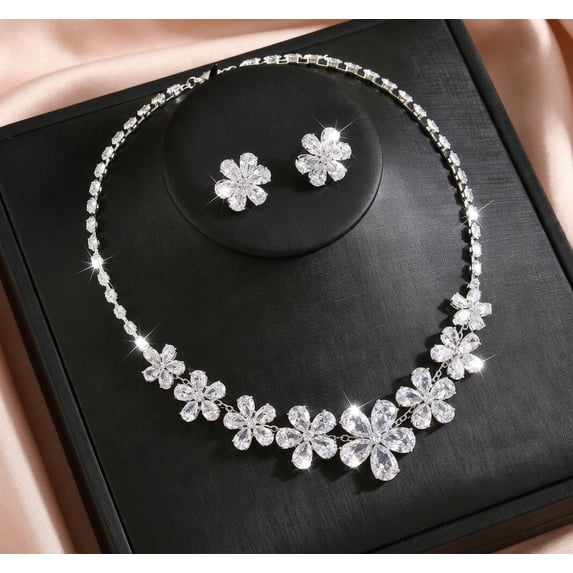 AEXTO Elegant Silver Flower Rhinestone Jewelry Set for Women – 3-Piece Petal Statement Necklace, Stud Earrings & Adjustable Ring – Sparkling Crystal Floral Wedding Bridal Party Accessories