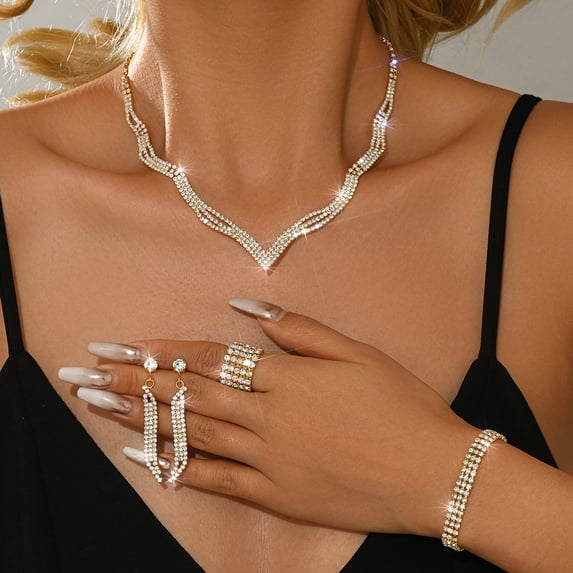 AEXTO Elegant Silver Full Rhinestone Jewelry Set for Women Wave Collar Necklace, Tassel Earrings, Eternity Bracelet & Crystal Ring Luxury Iced Out Statement Wedding Party Accessories