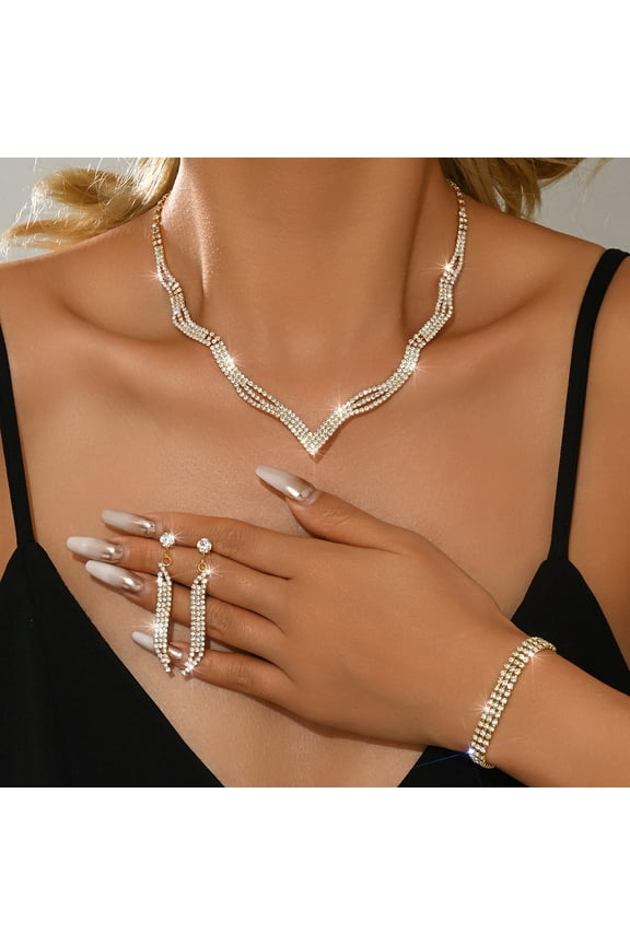 Elegant Silver Full Rhinestone Jewelry Set for Women Wave Collar Necklace, Tassel Earrings, Eternity Bracelet & Crystal Ring Luxury Iced Out Statement Wedding Party Accessories
