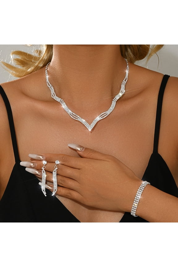 Elegant Silver Full Rhinestone Jewelry Set for Women Wave Collar Necklace, Tassel Earrings, Eternity Bracelet & Crystal Ring Luxury Iced Out Statement Wedding Party Accessories