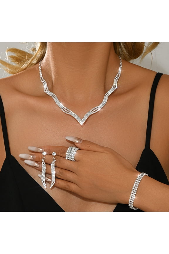 Elegant Silver Full Rhinestone Jewelry Set for Women Wave Collar Necklace, Tassel Earrings, Eternity Bracelet & Crystal Ring Luxury Iced Out Statement Wedding Party Accessories