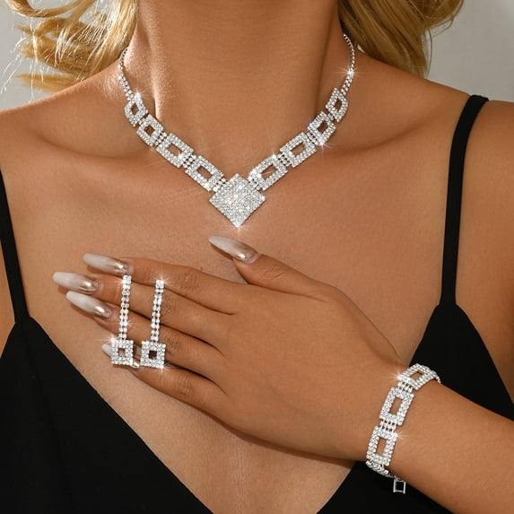 AEXTO Elegant Silver Square Rhinestone Jewelry Set for Women Geometric Link Collar Necklace, Earrings, Eternity Bracelet & Ring Luxury Full Crystal Wedding Party Accessories