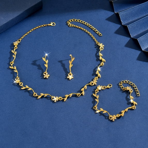 AEXTO Elegant Silver Vine Floral Jewelry Set for Women Nature-Inspired Leaf Design Statement Necklace, Waterfall Earrings, Cuff Bracelet Ring Sparkling Crystal Bridal Wedding Party Accessories
