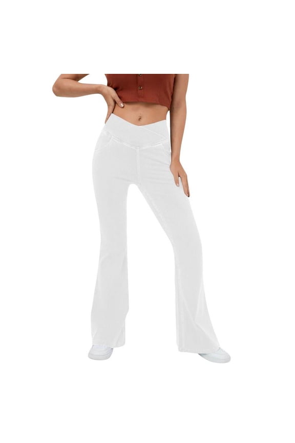 Flex High Waisted Crossover Pocket Washed Stretchy Knit Casual Super Flare Jeans # summer # summervibes # NovaTopFinds # TikTokShopBacktoSchool Bottoms Denim