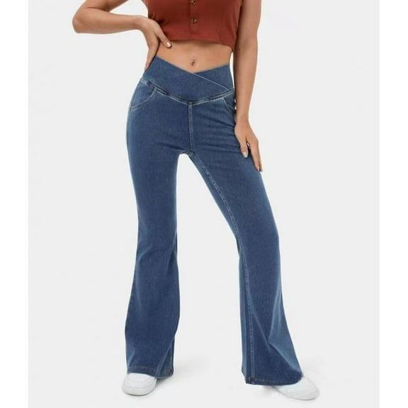 AEXTO Flex High Waisted Crossover Pocket Washed Stretchy Knit Casual Super Flare Jeans # summer # summervibes # NovaTopFinds # TikTokShopBacktoSchool Bottoms Denim