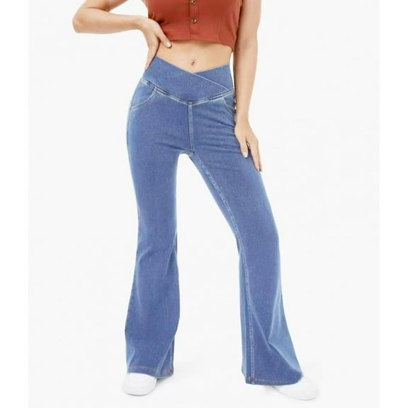 AEXTO Flex High Waisted Crossover Pocket Washed Stretchy Knit Casual Super Flare Jeans # summer # summervibes # NovaTopFinds # TikTokShopBacktoSchool Bottoms Denim
