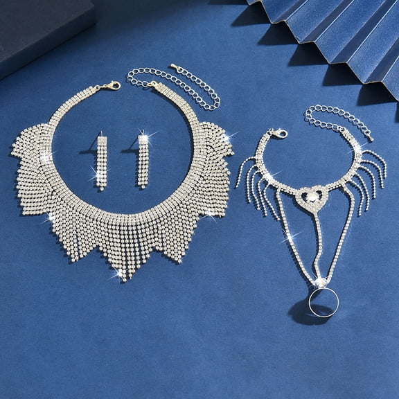 AEXTO Gatsby Art Deco Rhinestone Jewelry Set for Women – 1920s Great Gatsby Style Crystal Fringe Choker Necklace, Link Ring Bracelet & Earrings – Flapper Party Wedding Evening Sparkling Accessories
