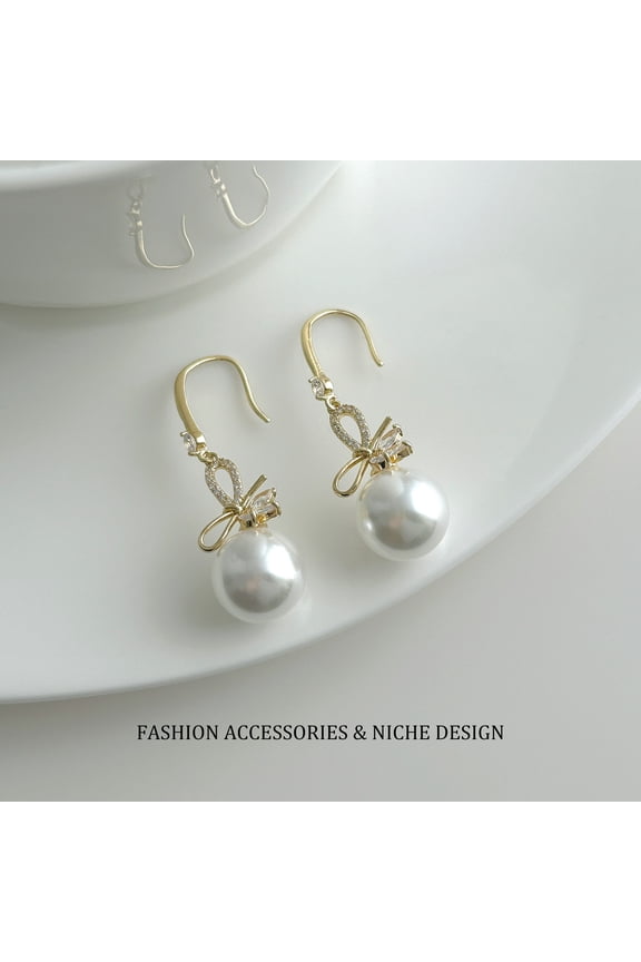 Gold Pave CZ Bow Large Round Pearl Drop Fish Hook Earrings‌