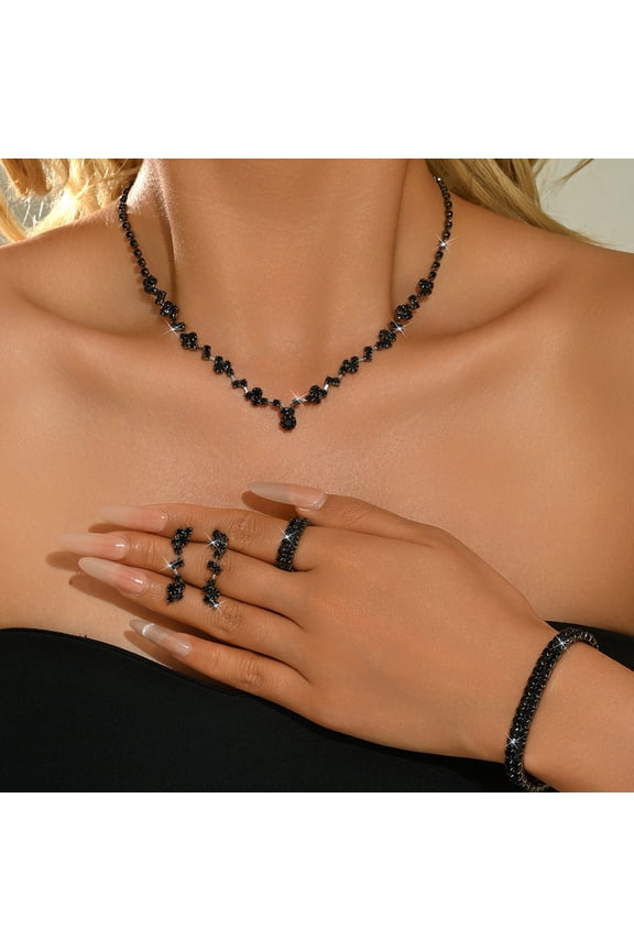 Gothic Black Rhinestone Jewelry Set for Women – V-Neck Cluster Statement Necklace, Teardrop Earrings, Stretch Bracelet & Eternity Ring – Sparkling Dark Crystal Bridal Wedding Party Accessories