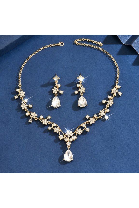 Green Teardrop Vine Jewelry Set 2pcs Statement Necklace & Dangle Earrings with Rhinestone Accents, Silver-Tone Elegant Accessories for Women, Perfect for Weddings, Parties & Special Occasions