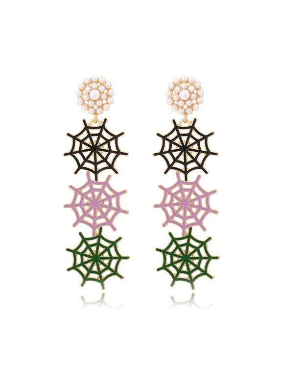 Halloween Colorful Enamel Spiderweb Dangle Earrings, Imitation Pearl Cluster Top Long Drop Statement Earrings for Women Party Costume Jewelry