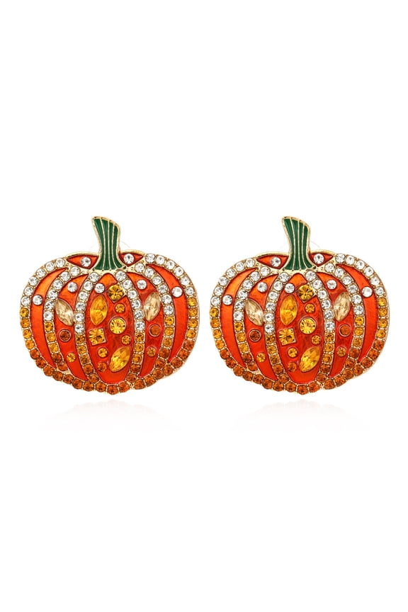 Halloween Rhinestone Pumpkin Stud Earrings, Orange Enamel Crystal Fall Holiday Statement Earrings for Women